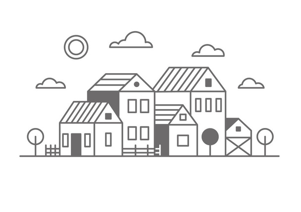 Suburban neighborhood landscape. Silhouette of houses on the skyline. Countryside cottage homes. Outline vector illustration. - Vettoriali, immagini