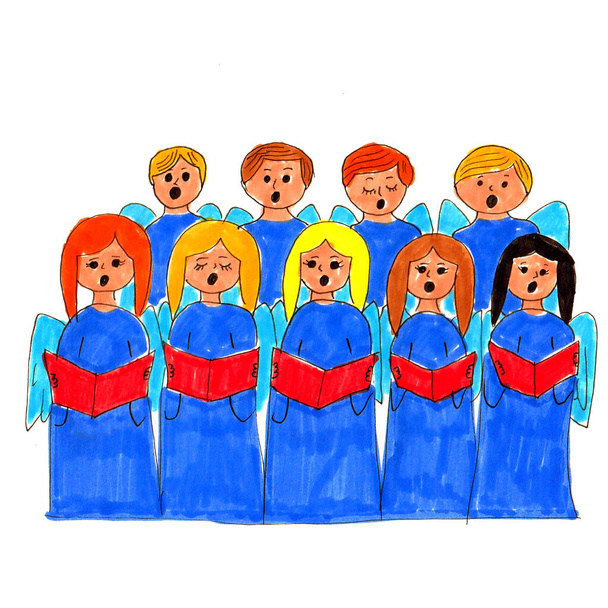 Дитячий хор. Діти співають. Діти в довгих костюмах ангелів співають по нотах
. - Фото, зображення