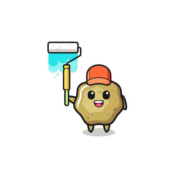 the loose stools painter mascot with a paint roller , cute design - Vektor, Bild