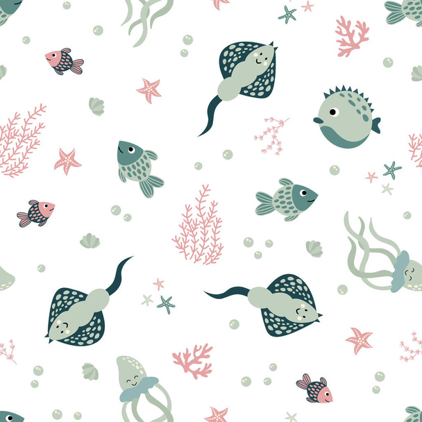 Marine seamless pattern. Stingray, Fish, algae, corals, starfish. Hand-drawn style. Design for decorating a nursery. - Vector, imagen
