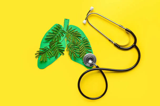 Paperi ihmisen keuhkot vihreät lehdet ja stetoskooppi väri tausta - Valokuva, kuva