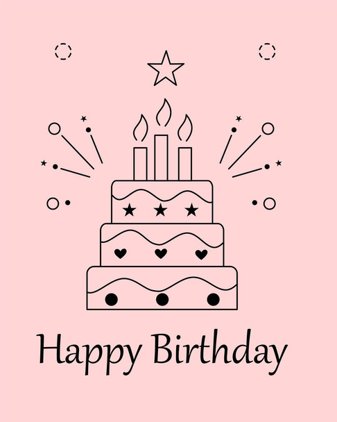 Birthday card in the form of contours with cake and fireworks on a pink background and the inscription Happy Birthday. - Vecteur, image