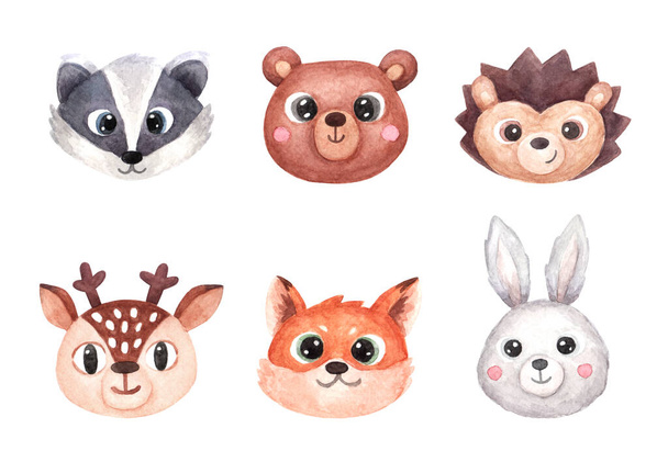 Set with faces or heads of cute animals. Woodland animals fawn, bear, hedgehog, bunny, badger, fox. Watercolor illustration in cartoon style isolated on white background. - Photo, Image