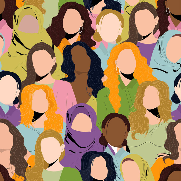 Απρόσκοπτη μοτίβο με αφηρημένα πρόσωπα γυναικών. Γυναικεία διαφορετικά πρόσωπα διαφορετικής εθνικότητας - Διάνυσμα, εικόνα