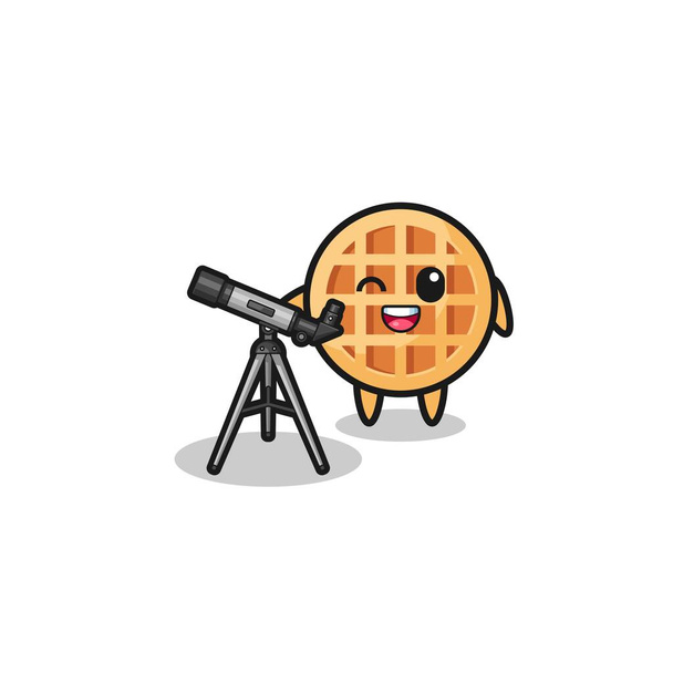 circle waffle astronomer mascot with a modern telescope , cute design - Wektor, obraz