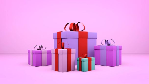 3d regalos fondo. Fondo brillante rosa festivo con cajas de regalos para el día de San Valentín u otras vacaciones. - Foto, imagen