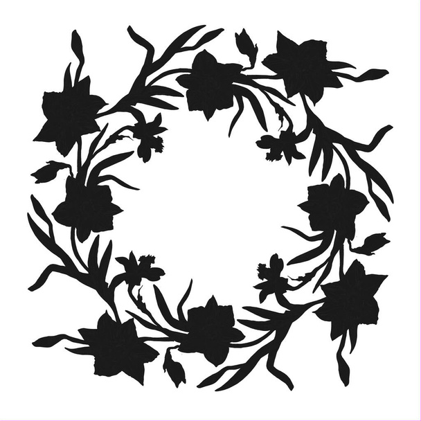 Floral wreath with black silhouettes of hand drawn flowers narcissus. - Vektor, kép