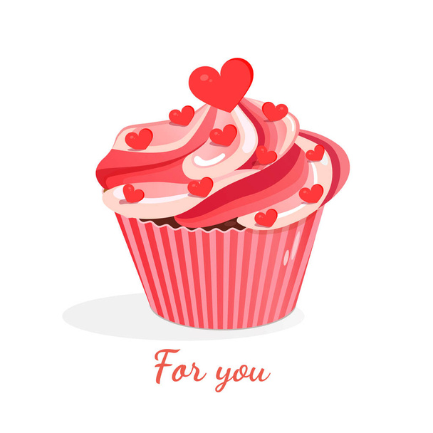 Сладкий розовый кекс с сердцем. Векторная иллюстрация иконки кекса для открытки, текстиля, декора, плаката, баннера. Открытки на день святого Валентина и другие праздники - Вектор,изображение