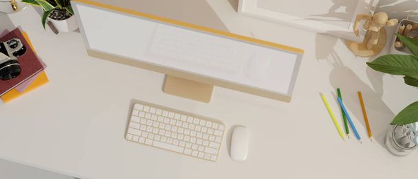 Draufsicht, Draufsicht auf einen modernen und kreativen Arbeitsplatz mit Desktop-Computer-Attrappe, Schreibwaren, Kamera und Bürobedarf. 3D-Darstellung, 3D-Illustration - Foto, Bild