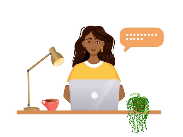 La mujer trabaja en la computadora. Trabajo remoto, freelance, oficina en casa, programación, educación. Comunicación en Internet, reuniones en línea. Ilustración vectorial - Vector, imagen