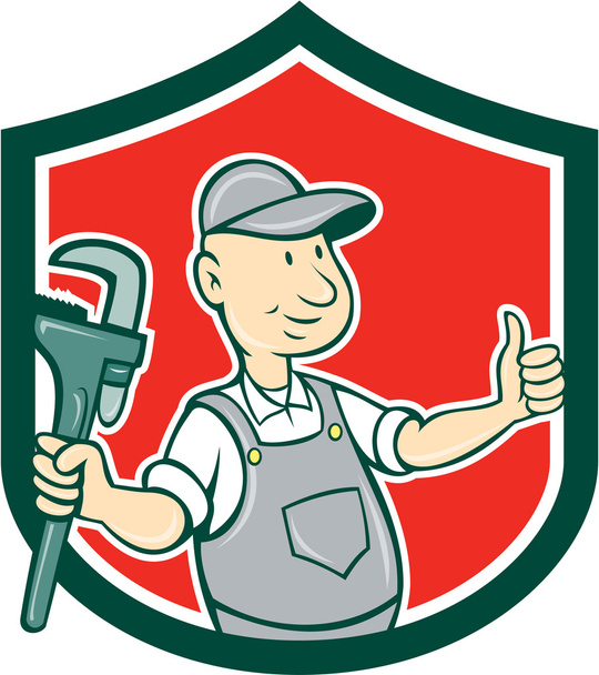 Plumber Monkey Wrench Thumbs Up Shield Cartoon - Vector, Image