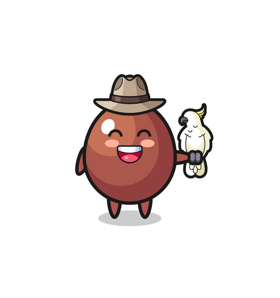 chocolate egg zookeeper mascot with a parrot , cute design - Vector, Image