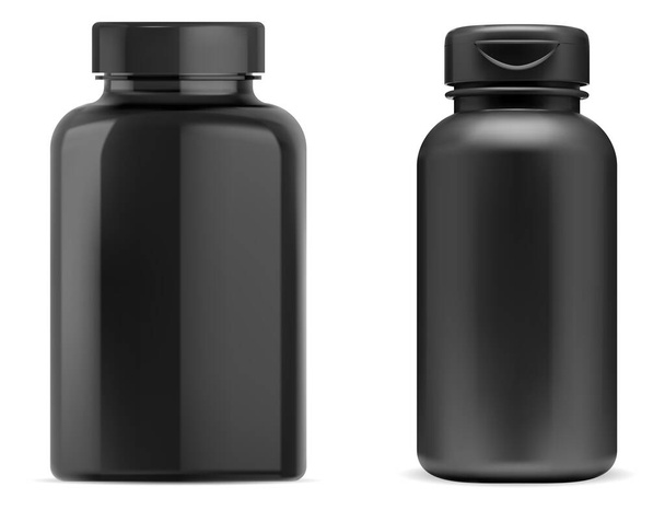 黒薬瓶。黒プラスチックサプリメント薬瓶、ビタミンカプセルパッケージブランクモックアップ。薬の錠剤のボトルのセット、医療医学、垂直シリンダーができます - ベクター画像