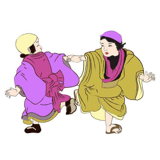 Japan culture, japanese kids dancing and playing game isolated vector illustration. Edo period ukiyo-e boys dancers in ancient kimono children in dance characters playing. - Vector, imagen