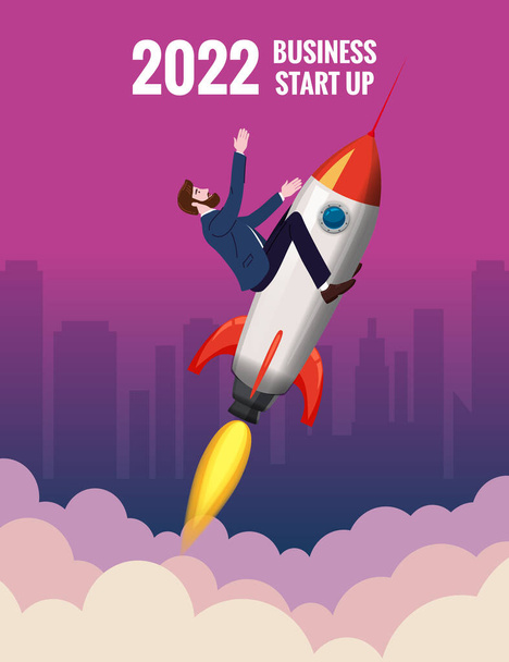 Uomo d'affari su un razzo volare Start up, attraverso il cielo il 2022 anno. Metafore sul raggiungimento degli obiettivi. Sfondo urbano. Illustrazione vettoriale - Vettoriali, immagini