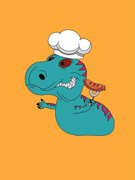 illustration of dinosaur with cook hat and  sausage - Valokuva, kuva