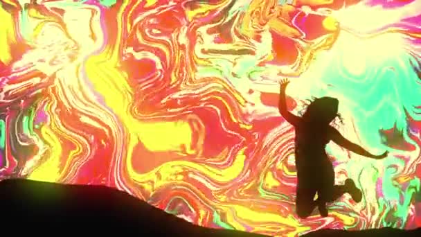 Renkli arka planda hareket eden sıvı psikedelik animasyon üzerinde siyah kadın silueti - Video, Çekim