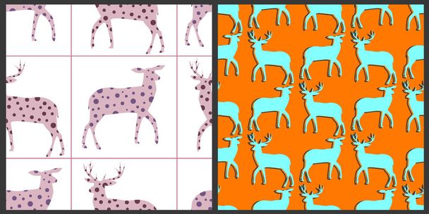 Vector seamless set. The contours of the deer filled with circles inside are divided by lines into squares. On an isolated background.  - Wektor, obraz