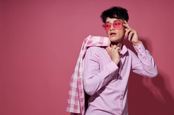 handsome guy plaid blazer pink glasses fashion modern style isolated background unaltered - 写真・画像