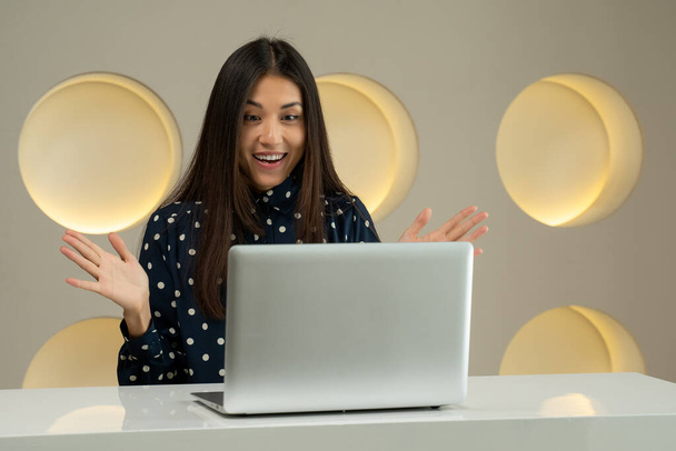 Excited female feeling euphoric celebrating online win success achievement result, young asian woman happy about good email news, motivated by great offer or new opportunity - Foto, Imagem