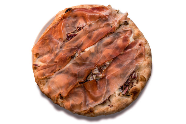 Gourmet pizza with Parma ham, radicchio and cheese, isolated on white, top view, flat lay - Фото, зображення