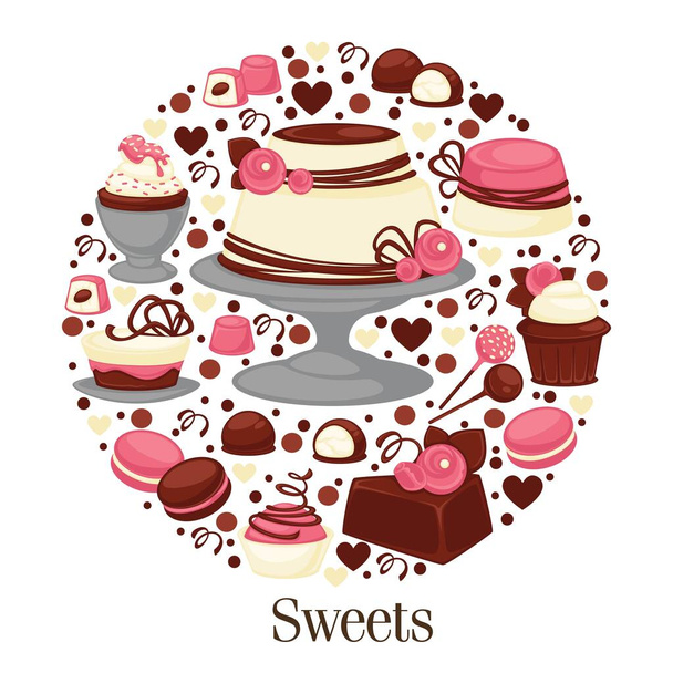 Sweets and desserts, cakes and macaroons candies - Вектор,изображение