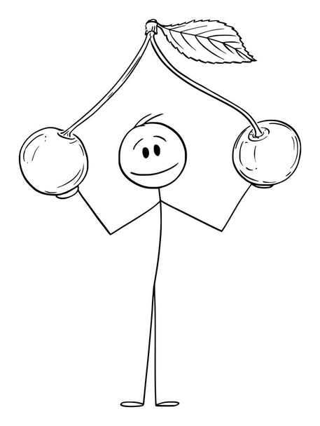 Person Holding Two Big Cherry Fruit, Vector Cartoon Stick Figure Illustration - Vektor, obrázek