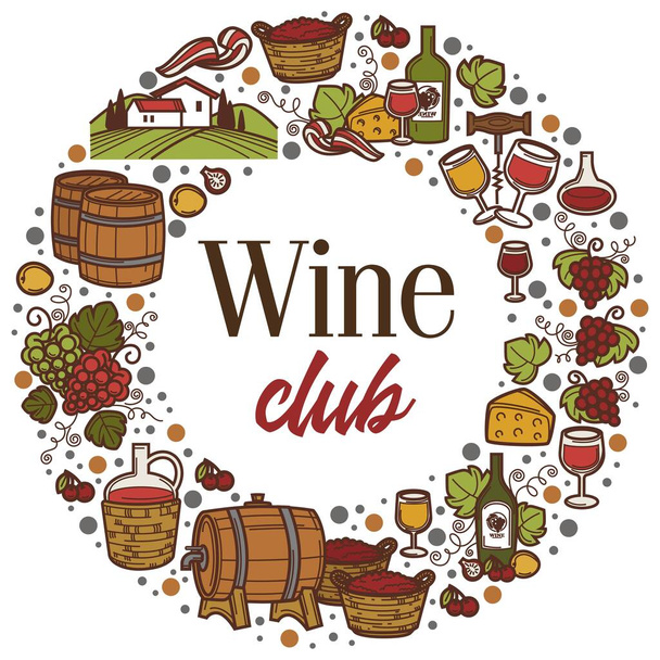 Wine club banner with barrels and grapes alcohol - ベクター画像