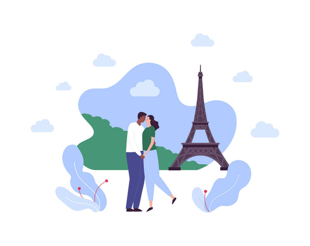 Tourism and famous place travel concept. Vector flat people illustration. Couple of african man with woman kiss on eiffel tower background. Design for romantic vacation, valentine day. - Vektor, Bild