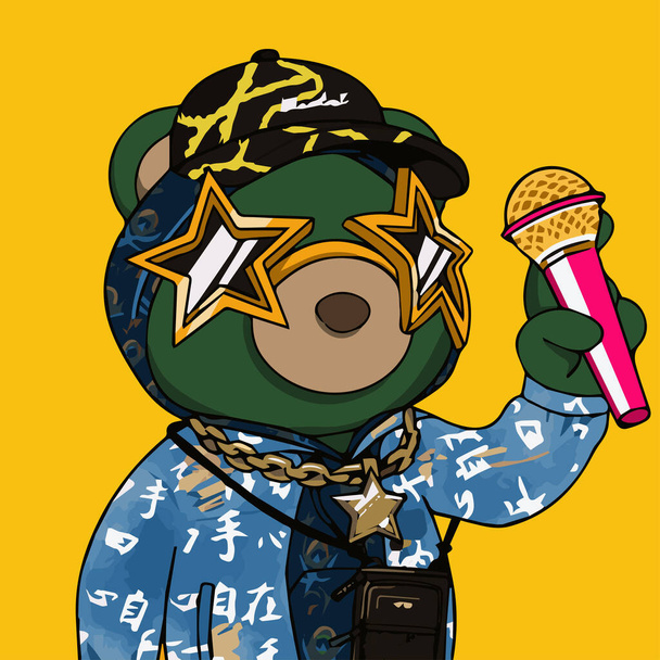 Green phanta bear rapper holding microphone wearing blue hoodie and cap NFT art. Swag bear vector illustration - Vektor, obrázek