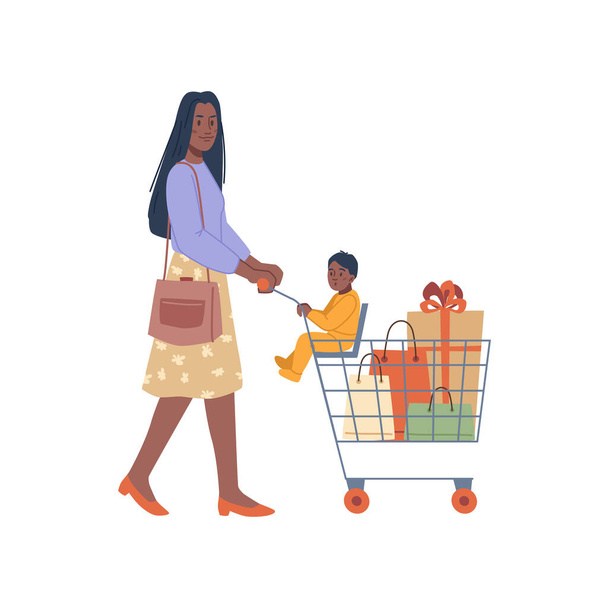 Mother and child in shopping cart, cartoon buyers - Διάνυσμα, εικόνα