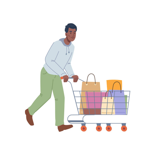 Man carrying shopping trolley cart with paper bags - Vector, Image