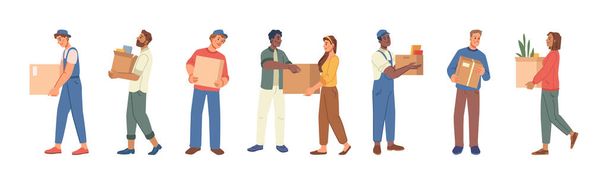 Moving relocation cartoon people carrying boxes - Wektor, obraz