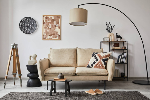 Creative composition of modern living room interior with mock up poster frame, beige sofa, side table and stylish small personal accessories on metal shelf. Copy space. Template. - Fotoğraf, Görsel