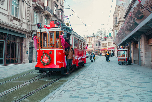 Istanbul, Turkey - December 17, 2018: Old red tram at Istiklal Avenue in Istanbul - Fotoğraf, Görsel