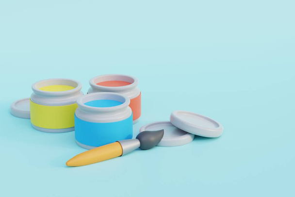 Multi-colored cans with colored paint brush and lids 3d illustration - Fotó, kép