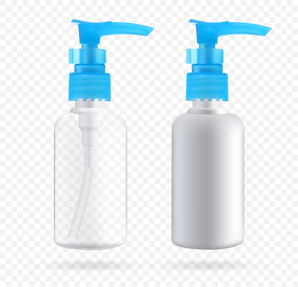 Καλλυντικό μπουκάλι με δοχείο για σαπούνι και καλλυντικά. Mockup της συσκευασίας για υγρά. Εικονογράφηση διάνυσμα 3d - Διάνυσμα, εικόνα