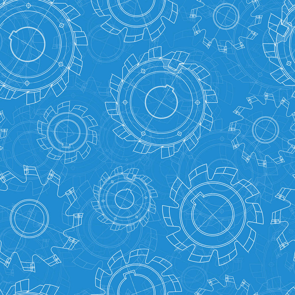Mechanical engineering drawings on blue background. Cutting tools, milling cutter. Technical Design. Cover. Blueprint. Seamless pattern. Vector illustration. - Vettoriali, immagini