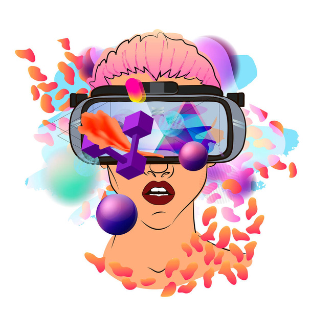 Girl in virtual reality glasses. Virtual reality around. - Fotografie, Obrázek