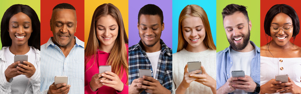 Έννοια Φάμπινγκ. Διαφορετική πολυεθνική άνδρες και γυναίκες που χρησιμοποιούν Smartphones πάνω από φωτεινά backgrounds - Φωτογραφία, εικόνα