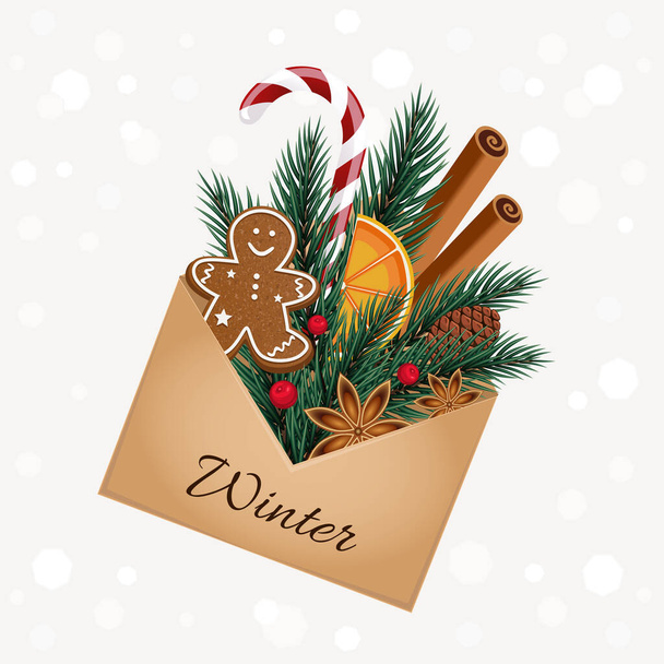  Winter poster with an envelope, gingerbread, candy, fir branches and the lettering "Winter". Vector illustration. - Vettoriali, immagini