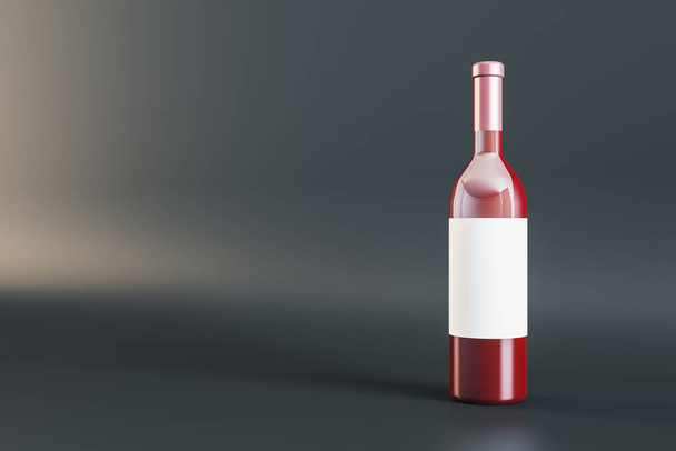 Empty white label glass wine bottle on gray background. Alcohol, winery, beverage and elegance concept. Mock up, 3D Rendering - Foto, imagen
