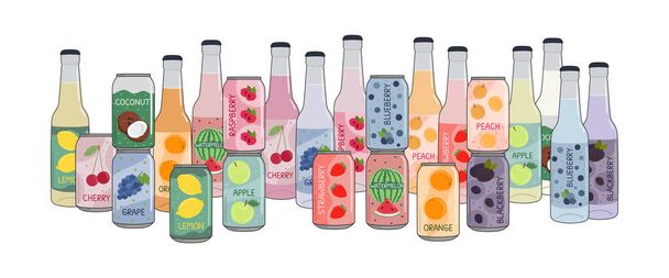 Set of soft drinks in aluminum cans and glass bottles with soda and lemonade. Carbonated non-alcoholic water with fruit and berry flavors. Hand drawn vector illustration isolated on white background - Вектор,изображение