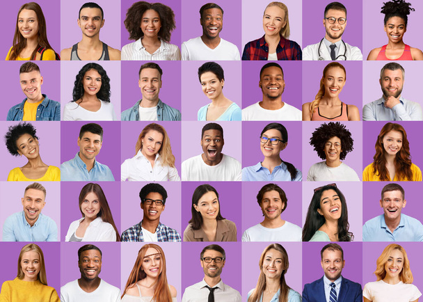 Collage of diverse multicultural people portraits over purple toned backgrounds - Fotoğraf, Görsel