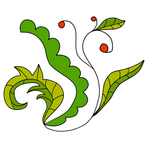 Abstrakcyjny kreskówkowy przegroda kwiatowa doodle izolowany na białym tle. Korzenie z liśćmi i jagodami. - Wektor, obraz