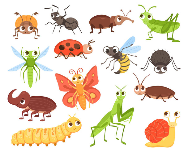 Cartoon insects. Cute bug characters. Crawling beetle or flying butterfly with big eyes for kids illustration. Grasshopper and ladybug. Entomology collection. Vector funny animals set - Вектор,изображение