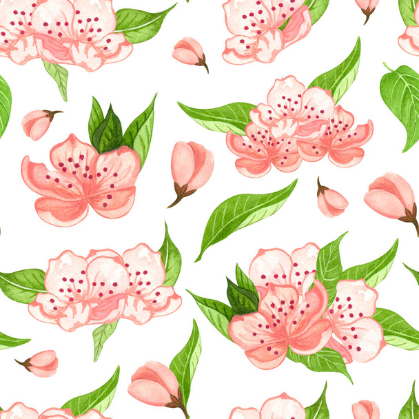 Seamless watercolor floral pattern - pink flowers, green leaves. Perfect for wrappers, wallpapers, postcards, greeting cards, wedding invitations - Foto, Imagen