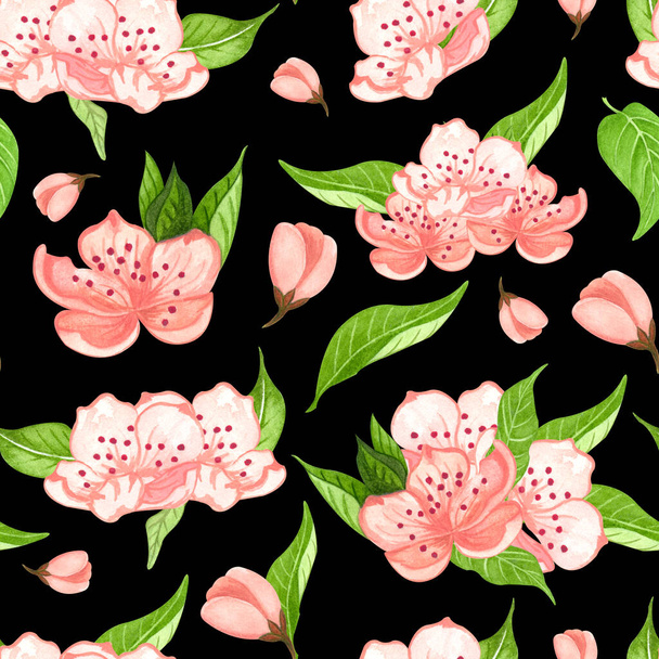 Nahtloses Aquarell-Blumenmuster - rosa Blüten, grüne Blätter. Perfekt für Verpackungen, Tapeten, Postkarten, Grußkarten, Hochzeitseinladungen - Foto, Bild