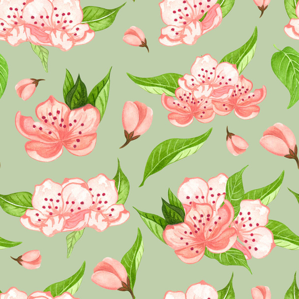 Seamless watercolor floral pattern - pink flowers, green leaves. Perfect for wrappers, wallpapers, postcards, greeting cards, wedding invitations - Fotografie, Obrázek