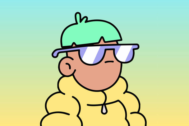 Doodles cool character wearing yellow bomber jacket and black sunglasses NFT art illustration - 写真・画像